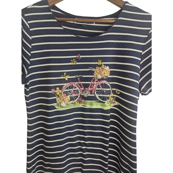 Karen Scott Striped Cotton Tee With Floral Bike Embroidery Navy/White Size M - Picture 2 of 8